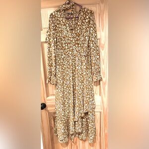 XL Mustard Ruffle Dress with Cream and Blue Flowers and Tie Waist